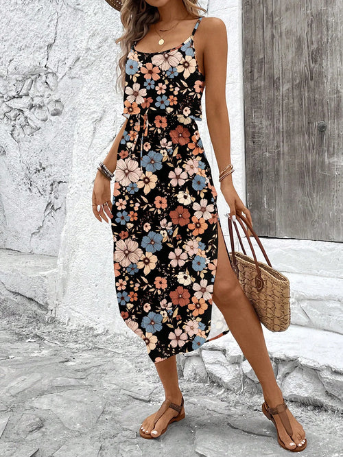 Women's Summer Spaghetti Strap Dress with Belt & Side Slit - Casual Sleeveless Flowy Dress - Color: Mixed Color, Size: XXL